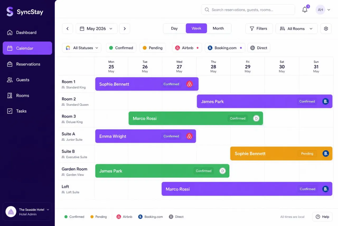 SyncStay calendar timeline with reservations across rooms and dates